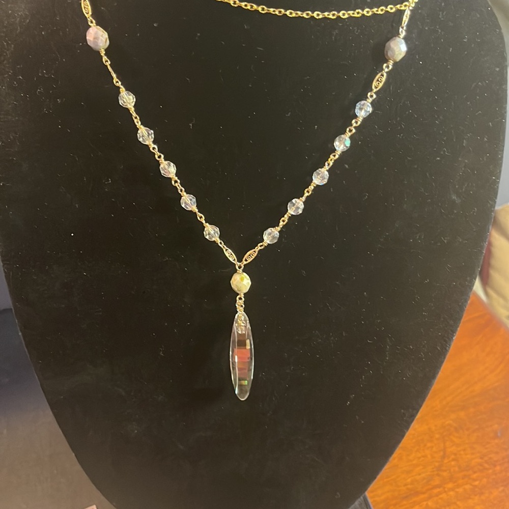 Crystal 19” drop necklace. Gold tone with multiple colored crystal beads.
